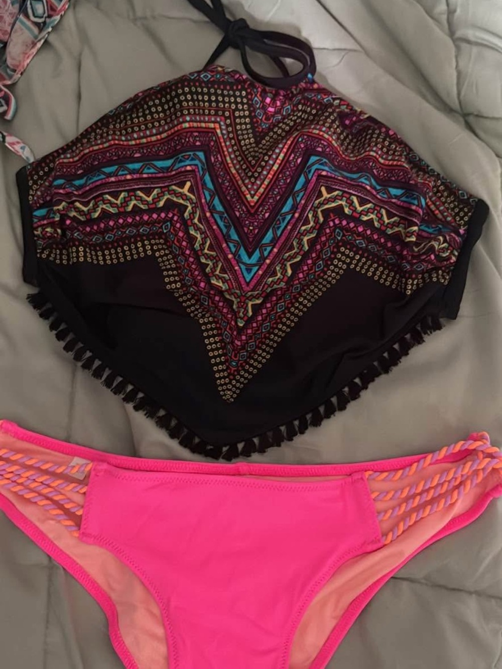 Bright Pink Bikini Bottom with Patterned Black Swim Top